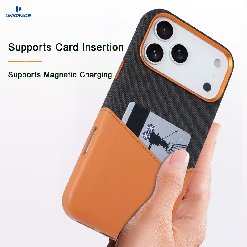 Leather iPhone case showing card holder slot open