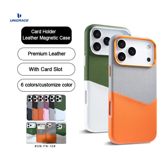 Dual-color leather iPhone case with card holder orange and black