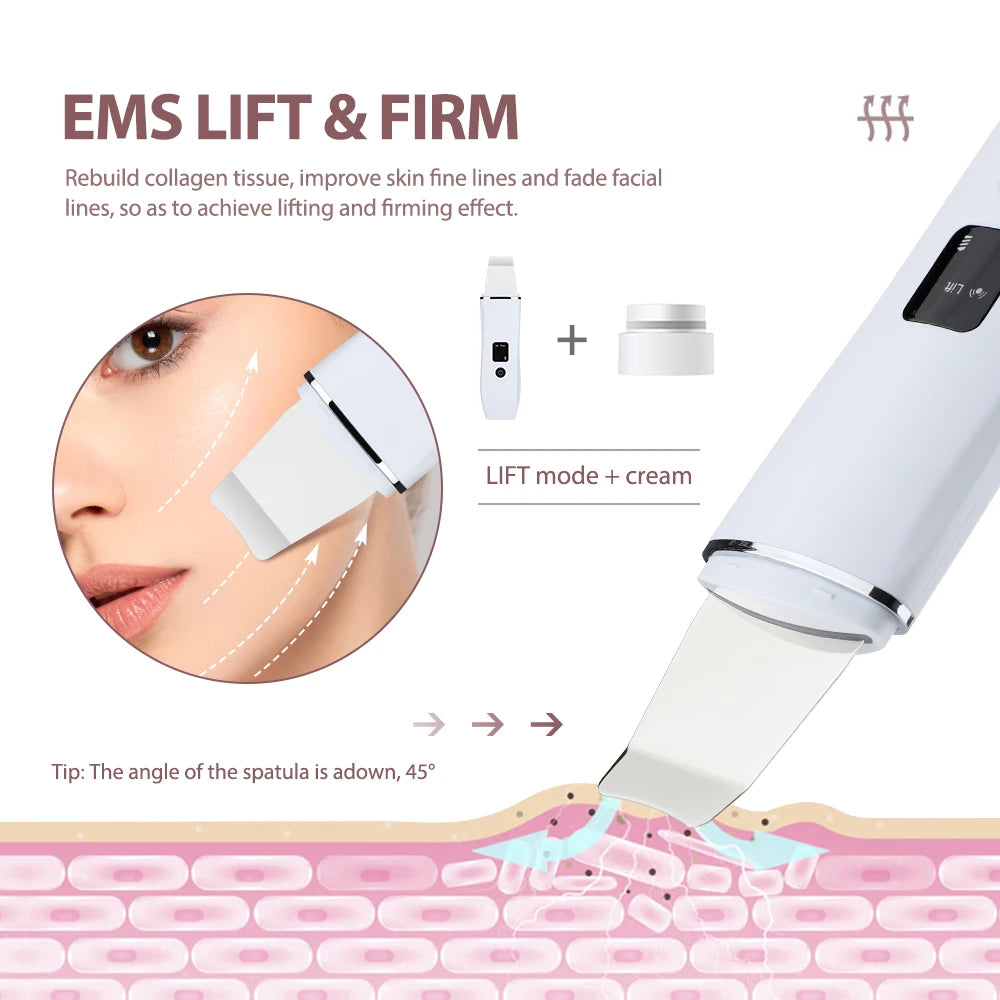 Woman using skin scrubber device on face